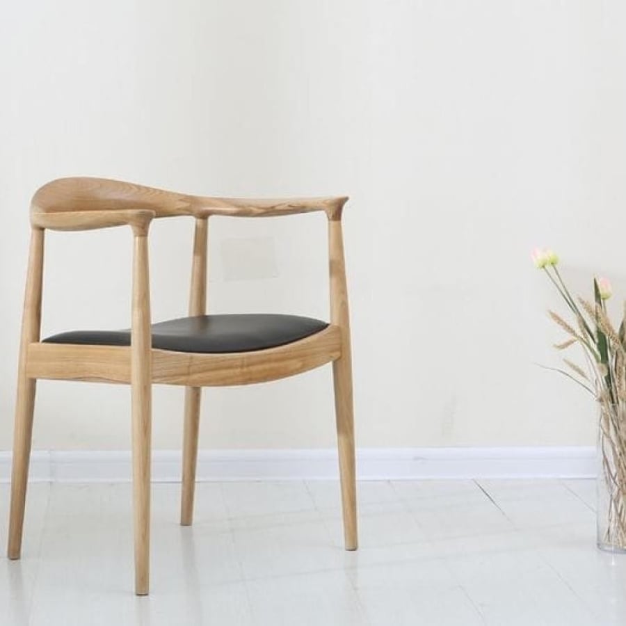Wooden beige dining chair with black leather seat DY-0025