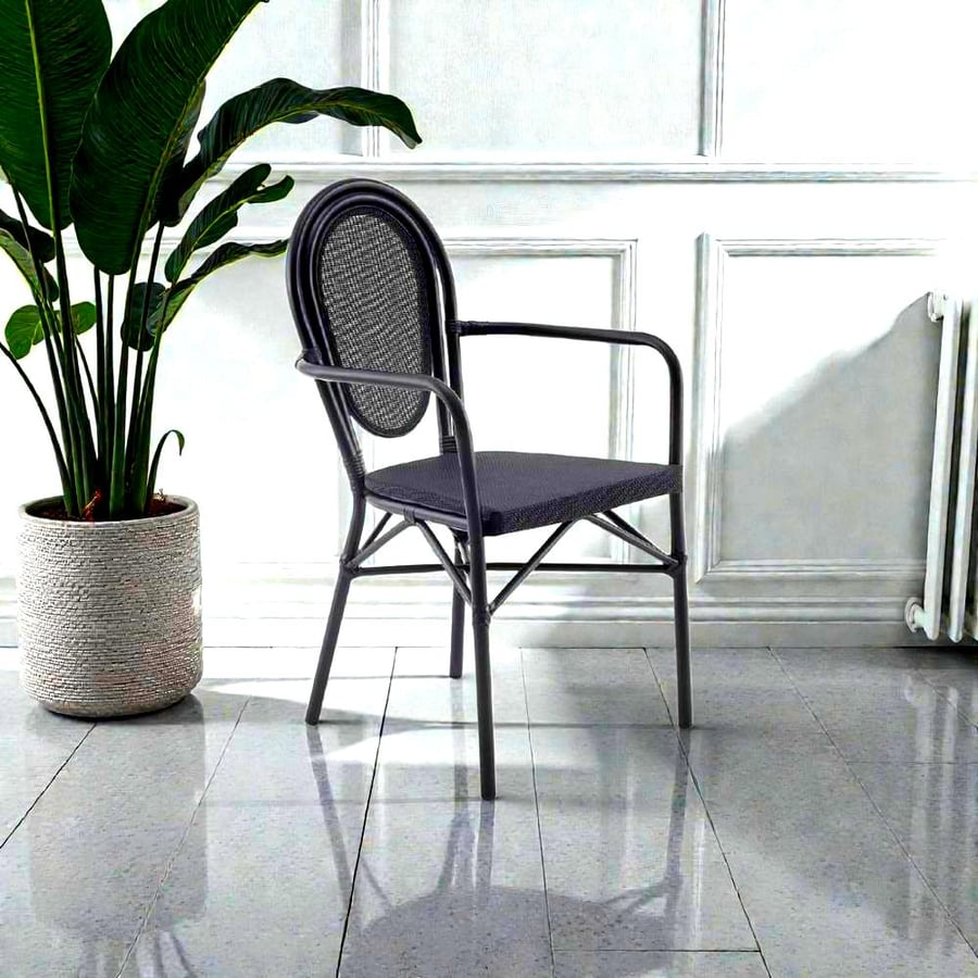 Outdoor chair, bamboo, black iron, and seat and backrest, plastic fabric, black, C-991BLACK