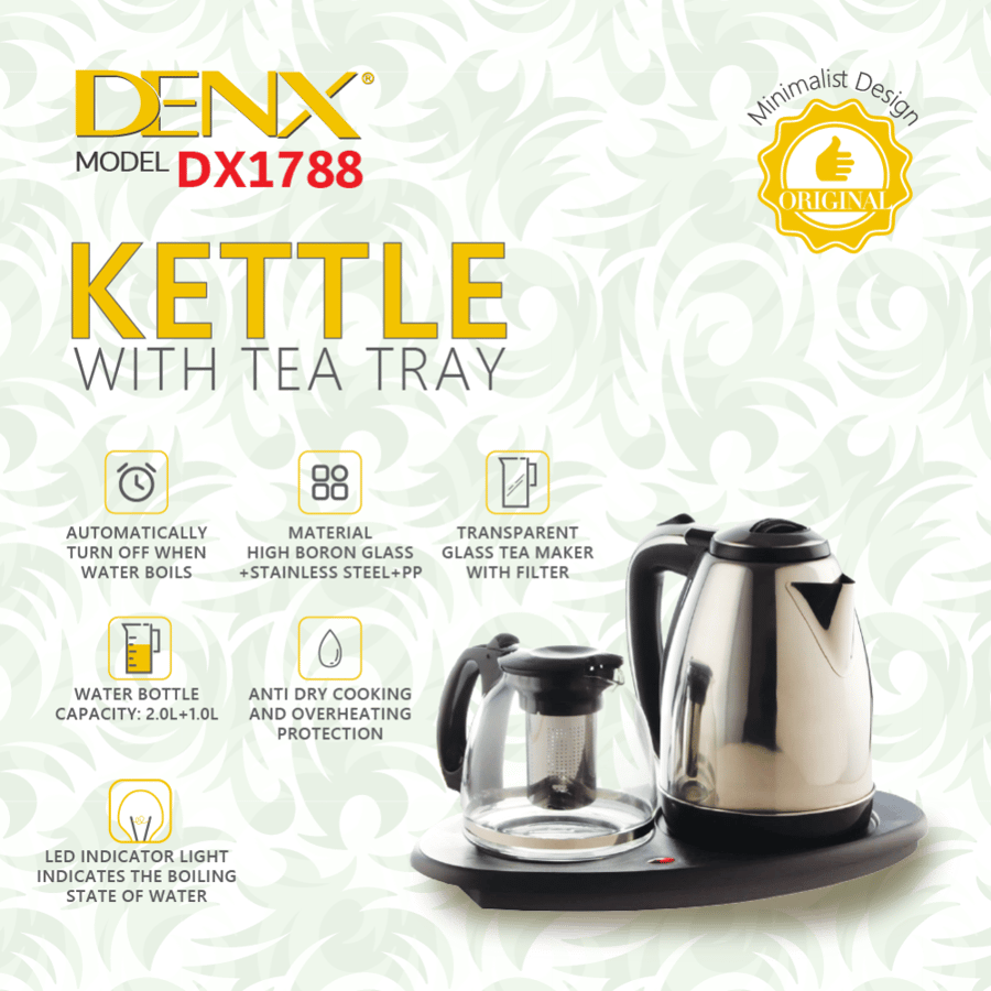 Set of 2 Dineex electric glass and stainless steel kettles with 1500-watt power, 1.0/2.0-liter size, model number DX1788