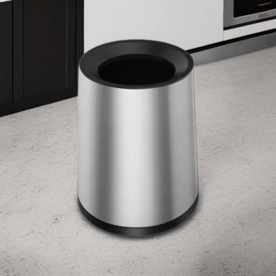 Round cylindrical trash bin with opening, black with silver steel, 10 liters