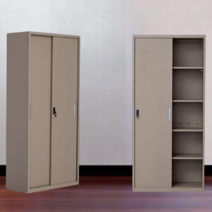 Office file cabinet, metal, 2 doors, sliding, 5 shelves, size 185×85×40, dark beige, OW-003BEIGE