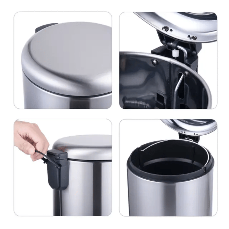 EKO round cylindrical trash bin with steel pedal, silver, 5 liters, EK921311