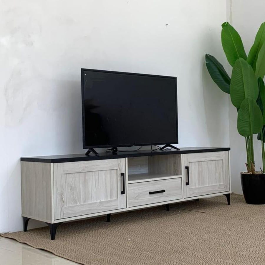 دولاب شاشة خشب  2 ابواب مع 1 درج سحاب لون ابيض مقاس 200CM×50CM×40CM موديل رقم TV900-20WHITE OAK