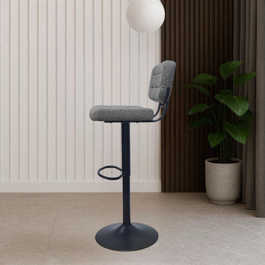 Gray fabric bar stool and black hydraulic base