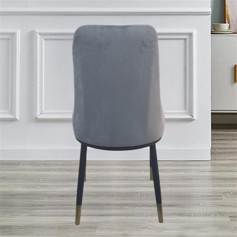 Gray velvet fabric dining chair with black iron leg base