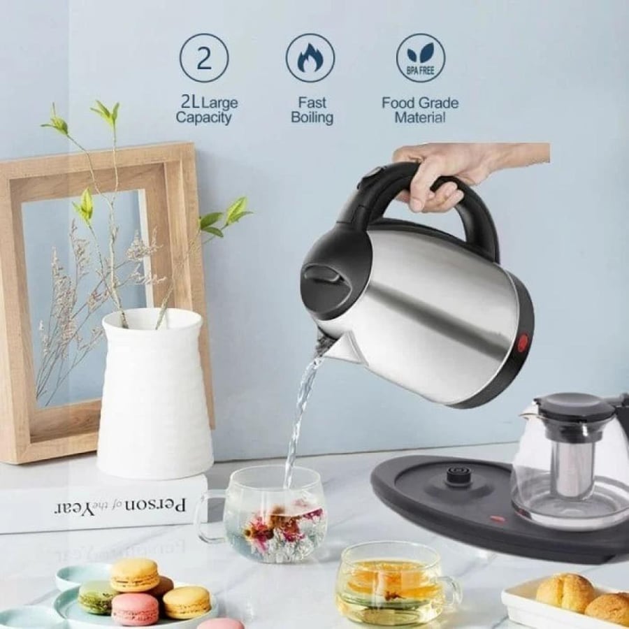 Set of 2 Dineex electric glass and stainless steel kettles with 1500-watt power, 1.0/2.0-liter size, model number DX1788