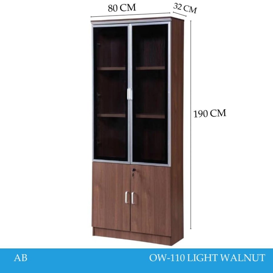 Wooden wardrobe with 2 glass doors and 2 multi-purpose wooden doors, gray color, size 80CM×190CM×32CM, model number OW-1104DBROWN