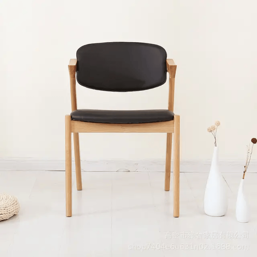 Wooden beige dining chair with black leather seat DY-0023
