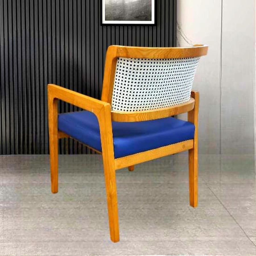 Wooden beige dining chair with blue leather seat