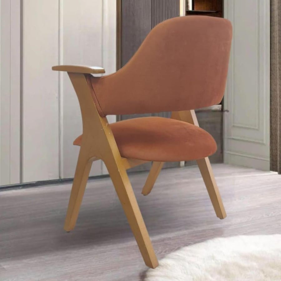 Wooden dining chair with velvet fabric seat, orange color