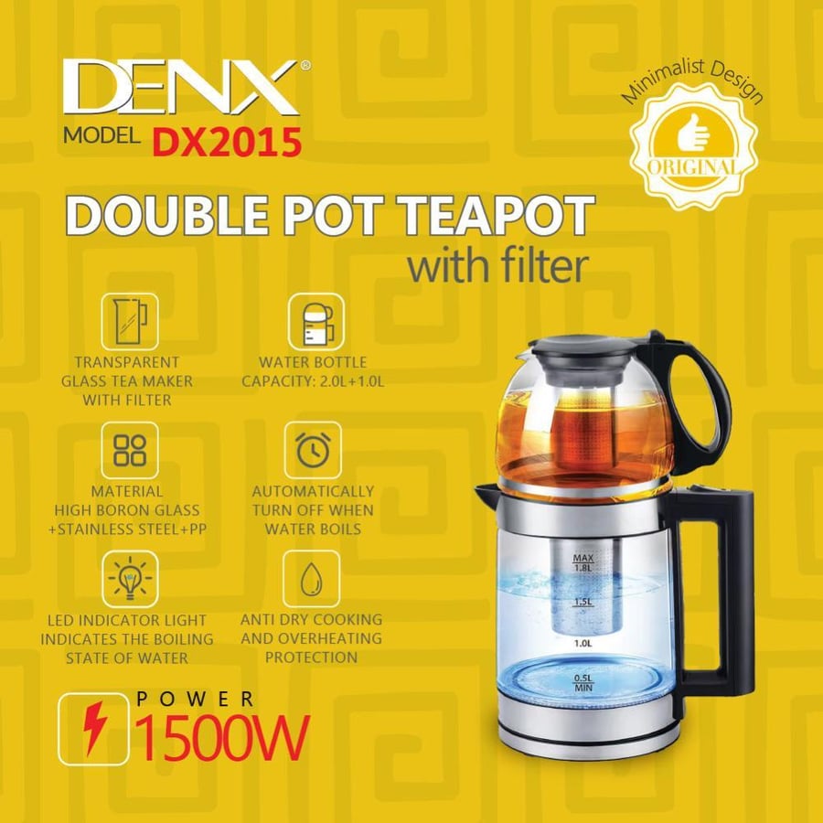 Set of 2 Dineex electric glass kettles with 1500-watt power, sizes 1.0/1.8 liters, model number DX2015