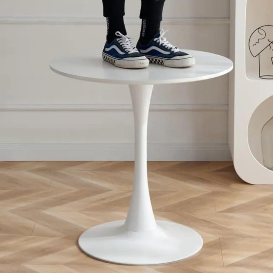 طاولة طعام دائرية 70CM سطح خشب مع قاعدة معدن لون ابيض GWD1280-70W