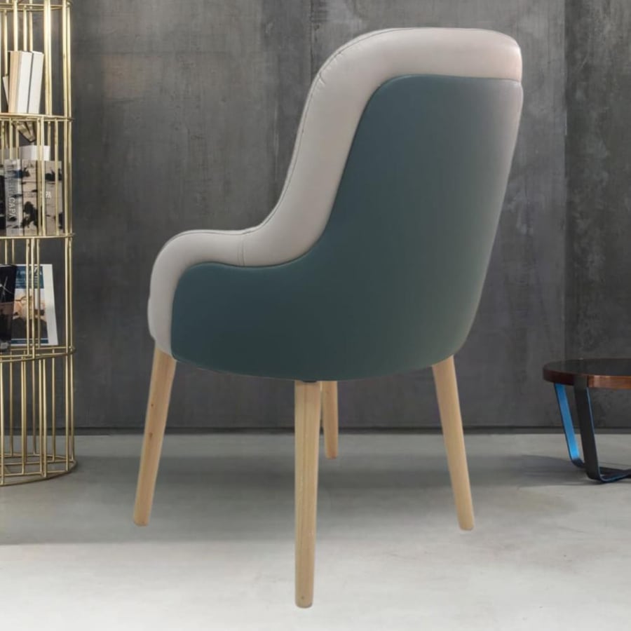 Wooden dining chair with leather seat in two colors: beige and green backrest