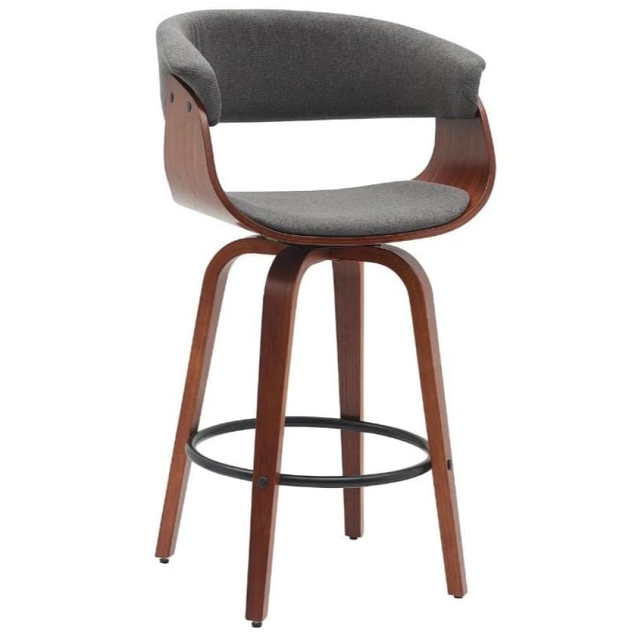 Wooden bar chair with gray fabric seat, iron leg base, wooden color