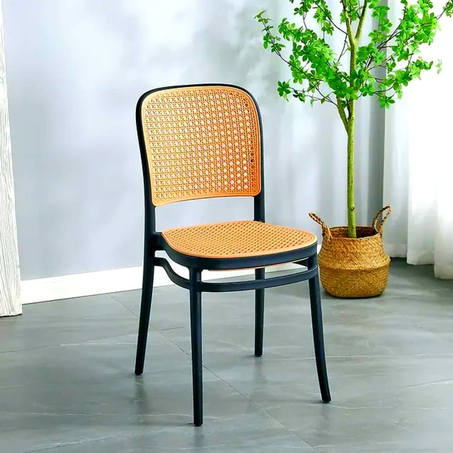 Outdoor dining and cafe chair, fiber & rattan, without arm, black color, FC-002BLACK