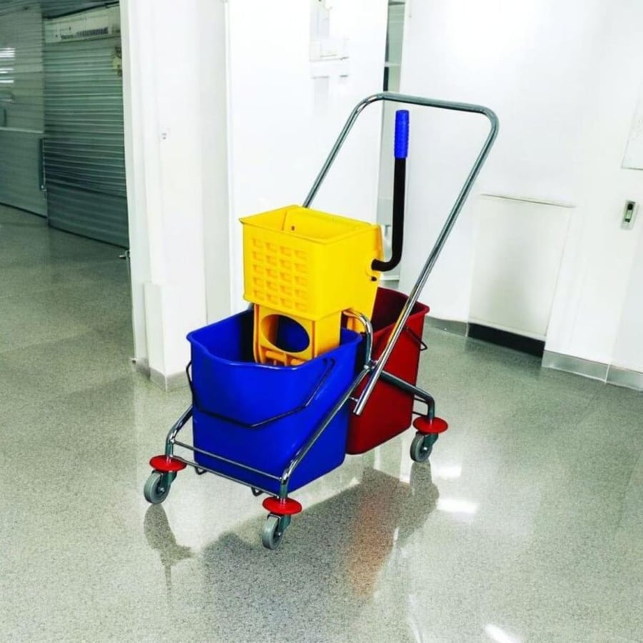 عربية نظافة فلوريت مع عصار بلاستيك اصفر مع سطلين ويد للدفع كروم FL-4051