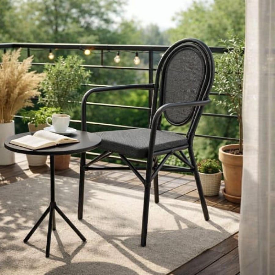 Outdoor chair, bamboo, black iron, and seat and backrest, plastic fabric, black, C-991BLACK