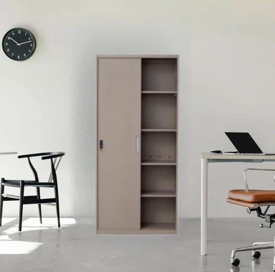 Office file cabinet, metal, 2 doors, sliding, 5 shelves, size 185×85×40, dark beige, OW-003BEIGE