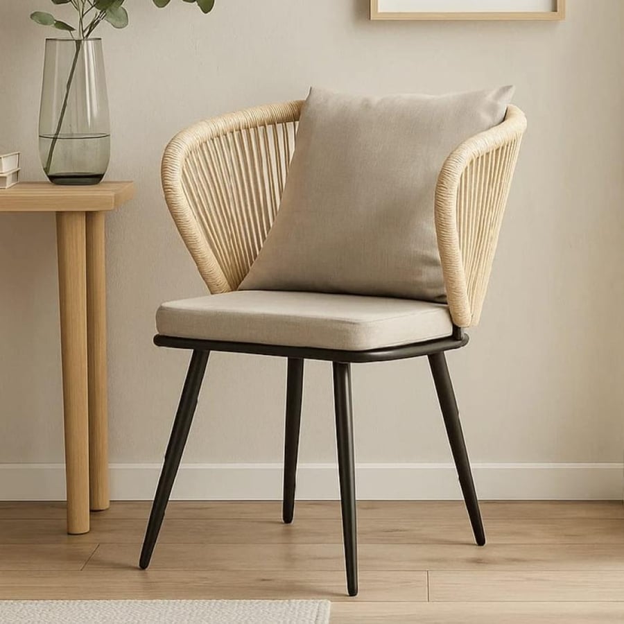 كرسي خارجي حديد اسود ومقعد قماش مع ظهر خيوط بيج SHR-015BEIGE