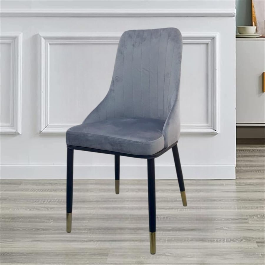 Gray velvet fabric dining chair with black iron leg base