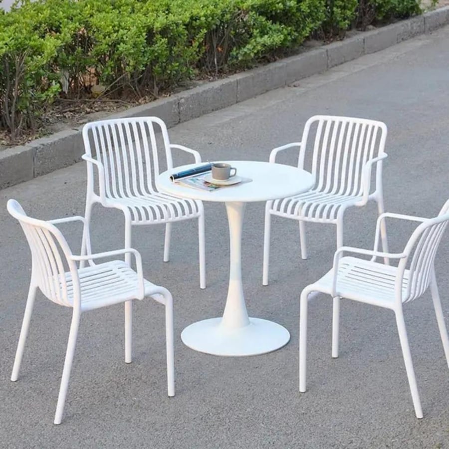 طاولة طعام دائرية 70CM سطح خشب مع قاعدة معدن لون ابيض GWD1280-70W