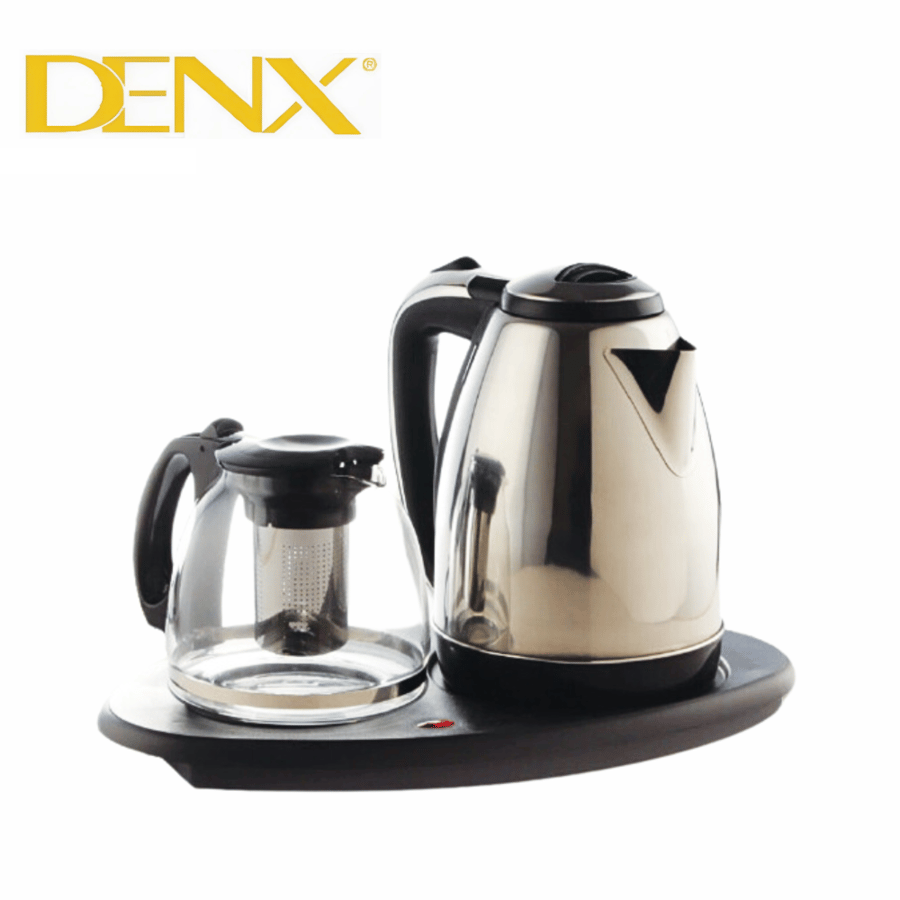 Set of 2 Dineex electric glass and stainless steel kettles with 1500-watt power, 1.0/2.0-liter size, model number DX1788