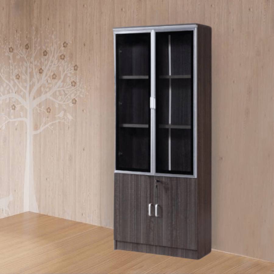 Wooden wardrobe with 2 glass doors and 2 multi-purpose wooden doors, gray color, size 80CM×190CM×32CM, model number OW-1104DBROWN