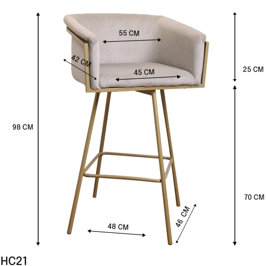Bar chair with light gray velvet fabric and gold-colored metal legs base HC21GRAY