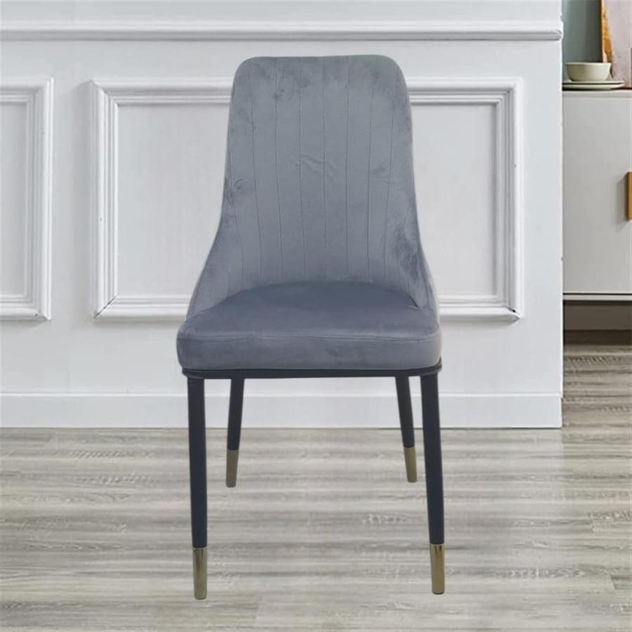 Gray velvet fabric dining chair with black iron leg base