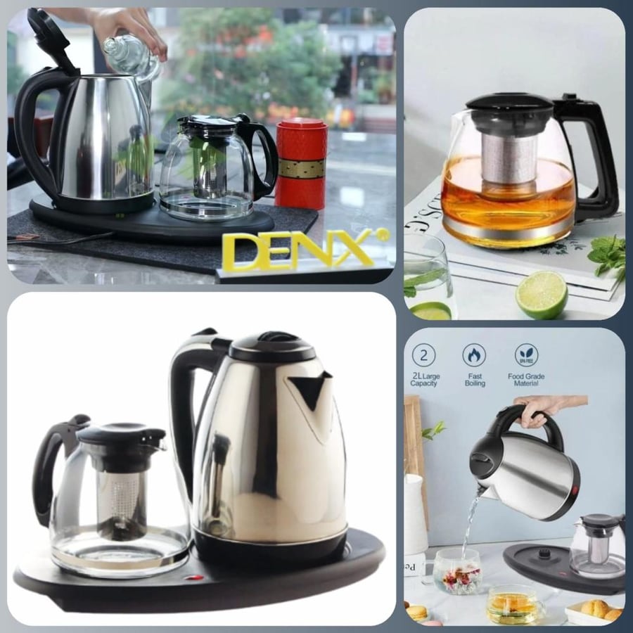 Set of 2 Dineex electric glass and stainless steel kettles with 1500-watt power, 1.0/2.0-liter size, model number DX1788