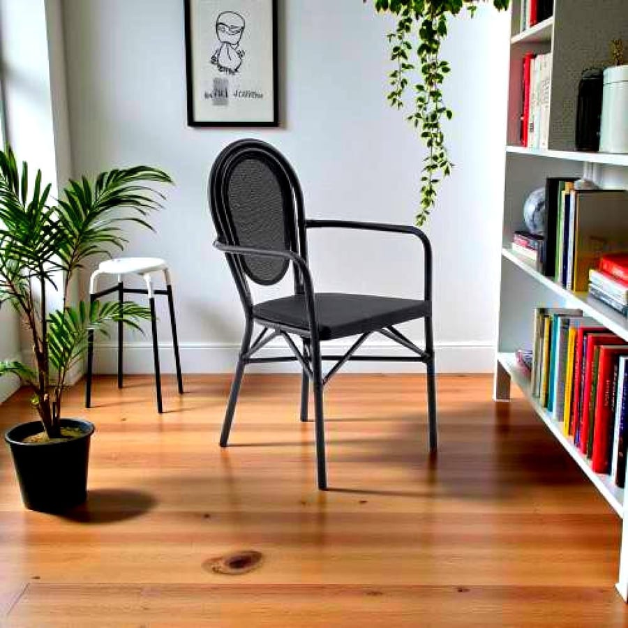 Outdoor chair, bamboo, black iron, and seat and backrest, plastic fabric, black, C-991BLACK