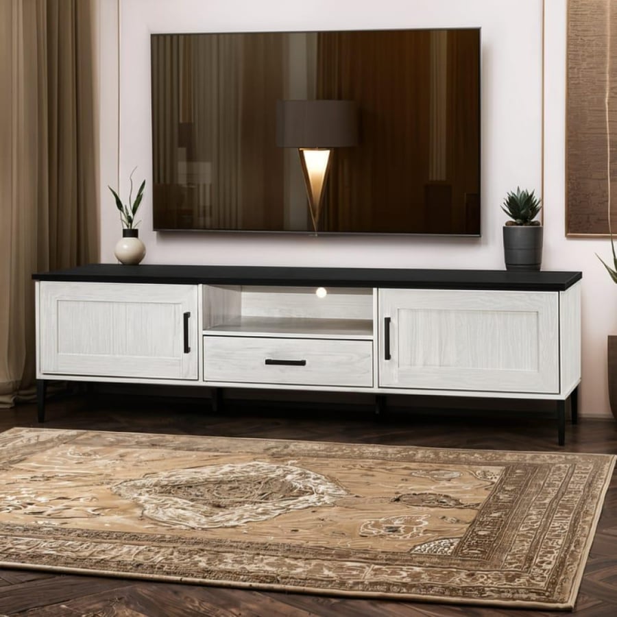 دولاب شاشة خشب  2 ابواب مع 1 درج سحاب لون ابيض مقاس 200CM×50CM×40CM موديل رقم TV900-20WHITE OAK