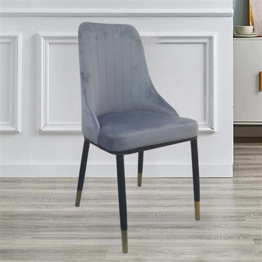 Gray velvet fabric dining chair with black iron leg base