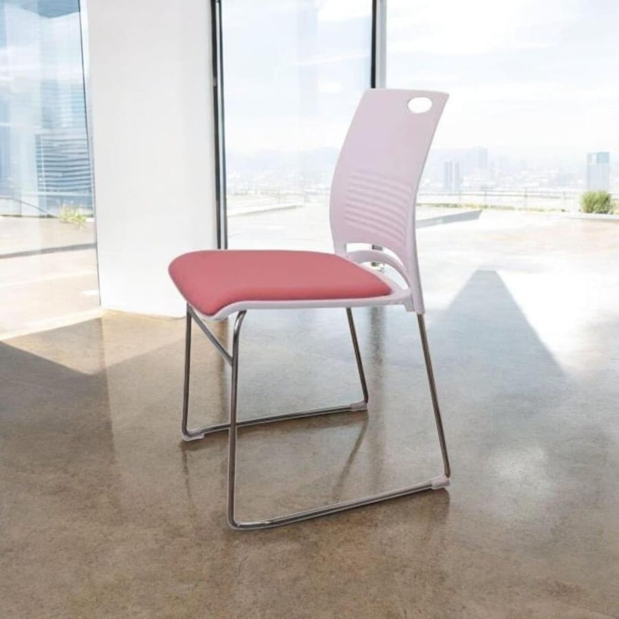 White fiber dining chair with pink fabric seat and silver steel leg base GWD1135PINK