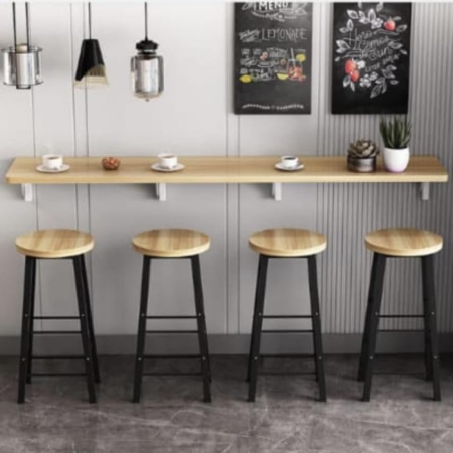 Light brown wall-mounted wooden table painted with transparent epoxy material, size 2m×45cm, with 4 black supports 30cm (custom made)