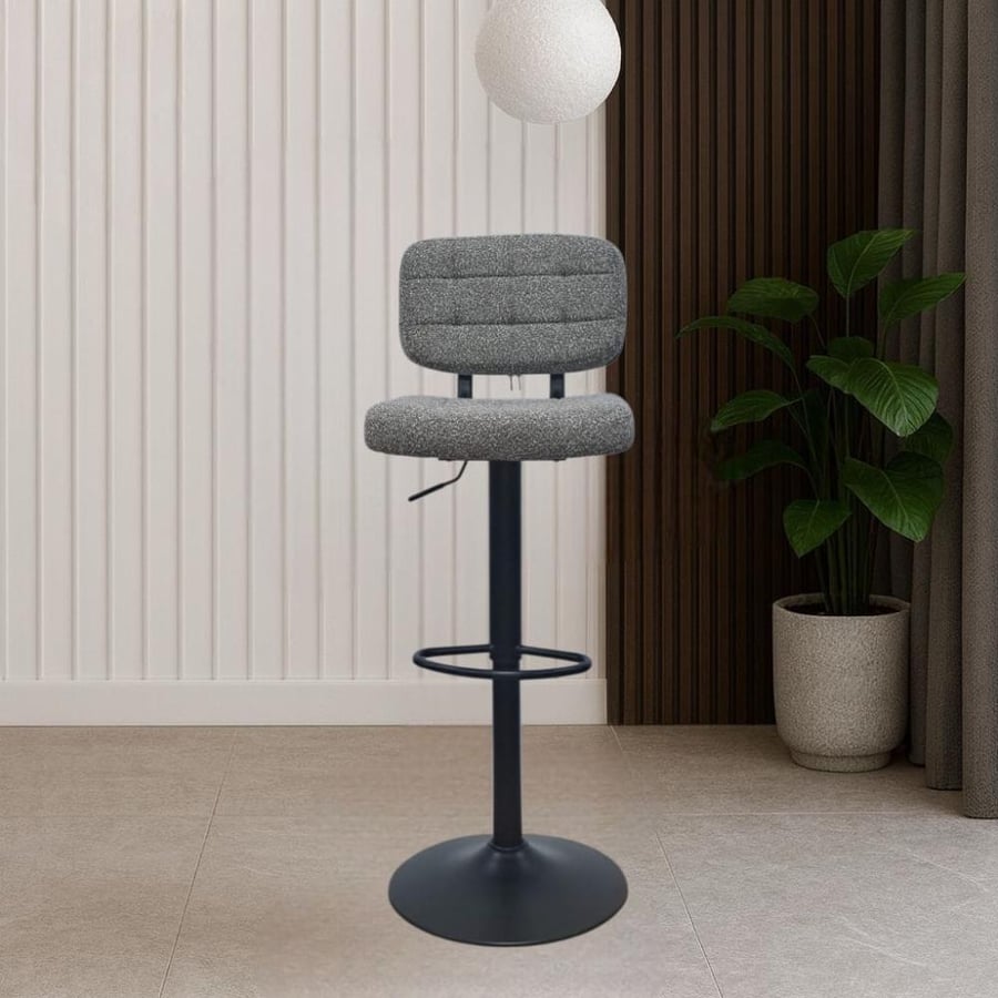 Gray fabric bar stool and black hydraulic base