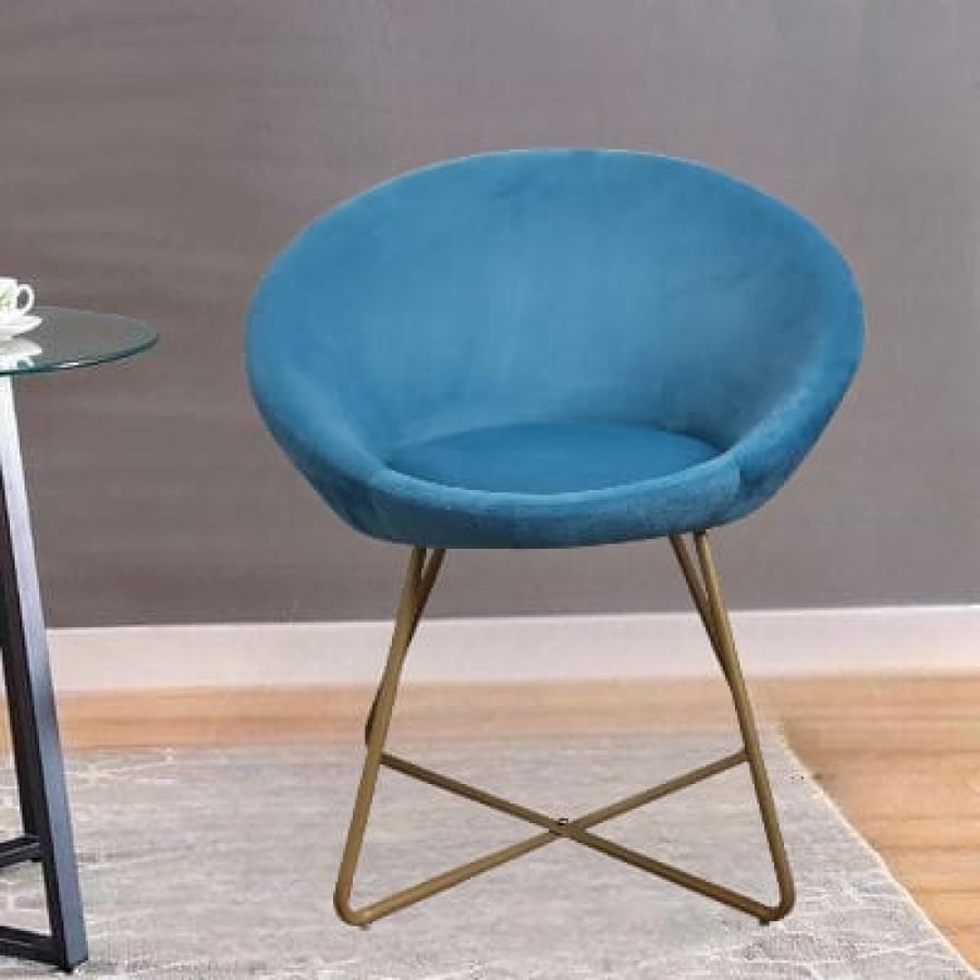 Dining and cafe chair, velvet fabric, blue, and black iron leg base HC-09BLUE