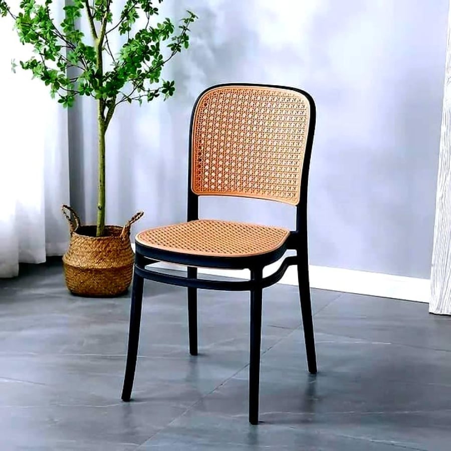 Outdoor dining and cafe chair, fiber & rattan, without arm, black color, FC-002BLACK