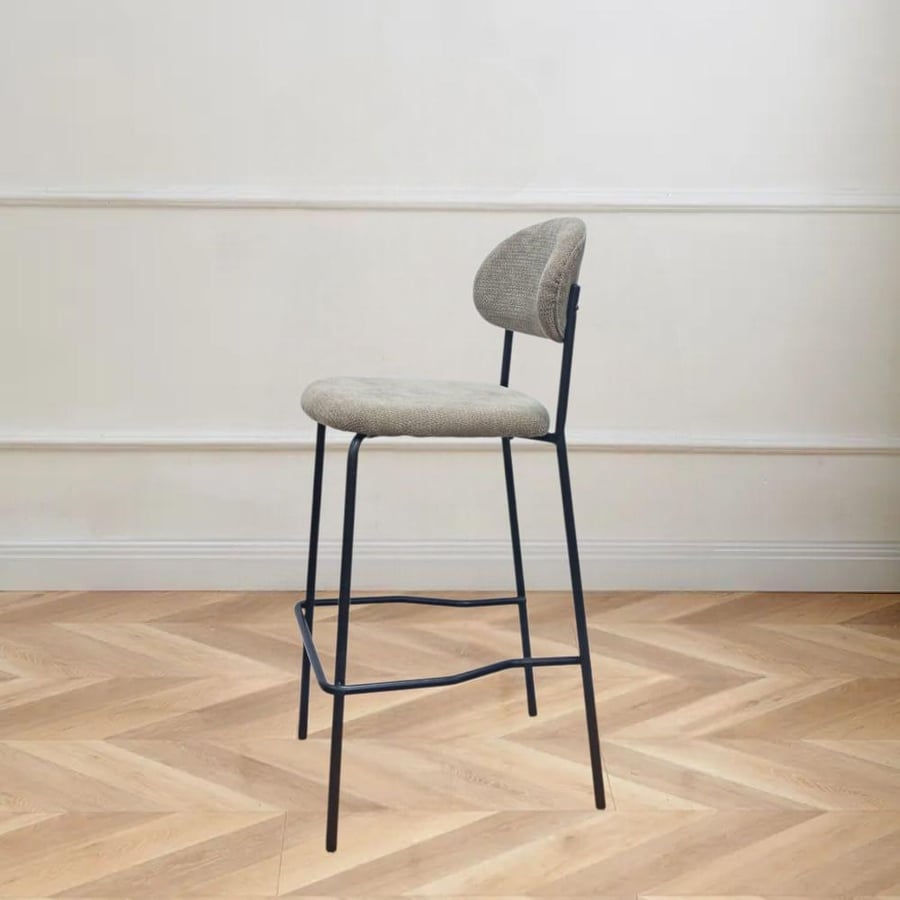 Gray fabric bar stool with a base of four black iron legs