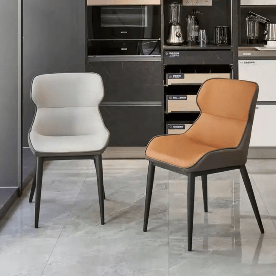 Leather dining chair two-tone orange for seat and backrest, gray back, with black iron leg base GWD1594ORANGE