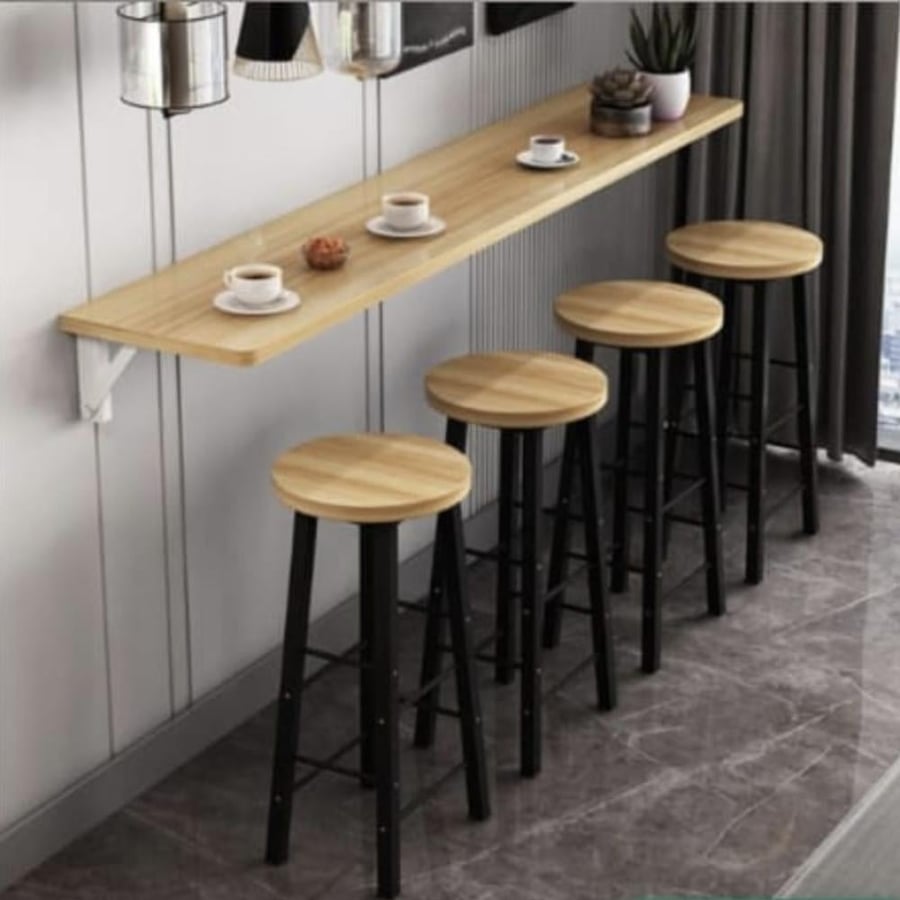 Light brown wall-mounted wooden table painted with transparent epoxy material, size 2m×45cm, with 4 black supports 30cm (custom made)