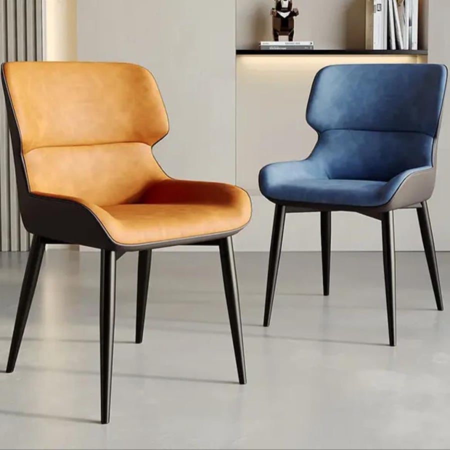 Leather dining chair two-tone orange for seat and backrest, gray back, with black iron leg base GWD1594ORANGE