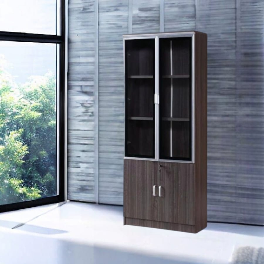 Wooden wardrobe with 2 glass doors and 2 multi-purpose wooden doors, gray color, size 80CM×190CM×32CM, model number OW-1104DBROWN
