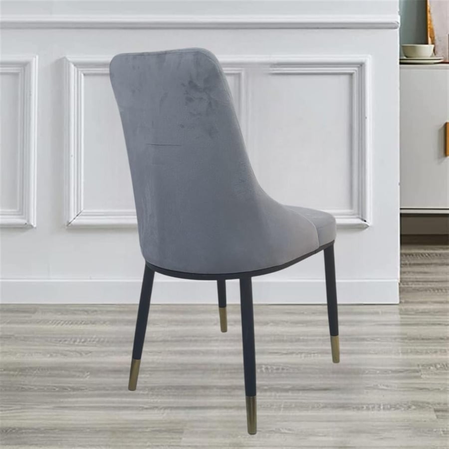 Gray velvet fabric dining chair with black iron leg base