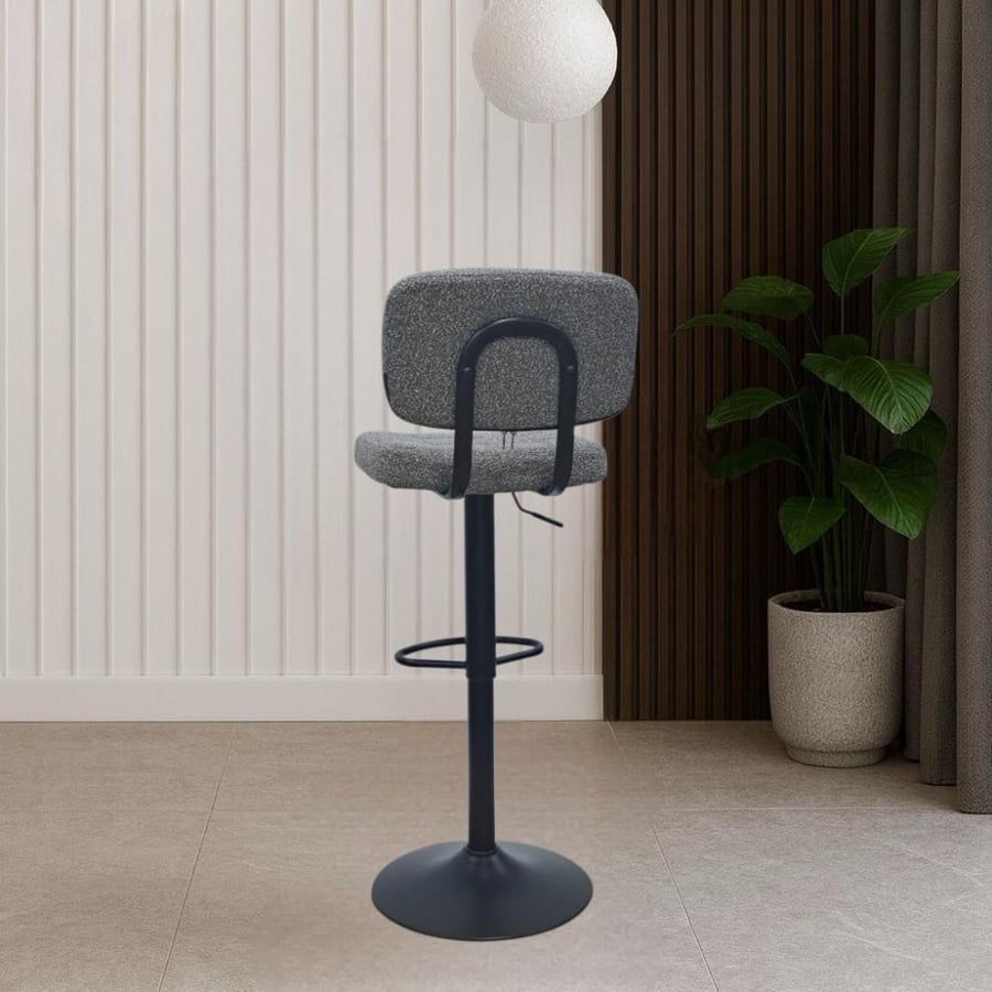 Gray fabric bar stool and black hydraulic base