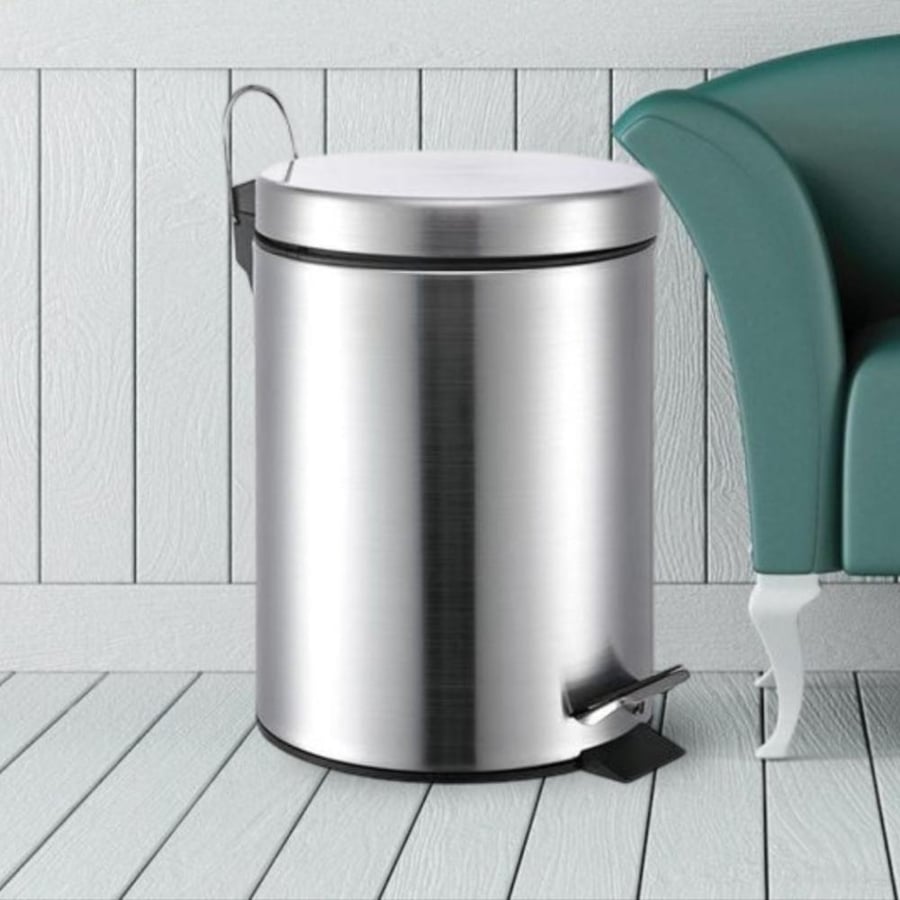 Circular cylindrical trash bin with pedal, stainless steel, silver, 30 liters, SYB-340