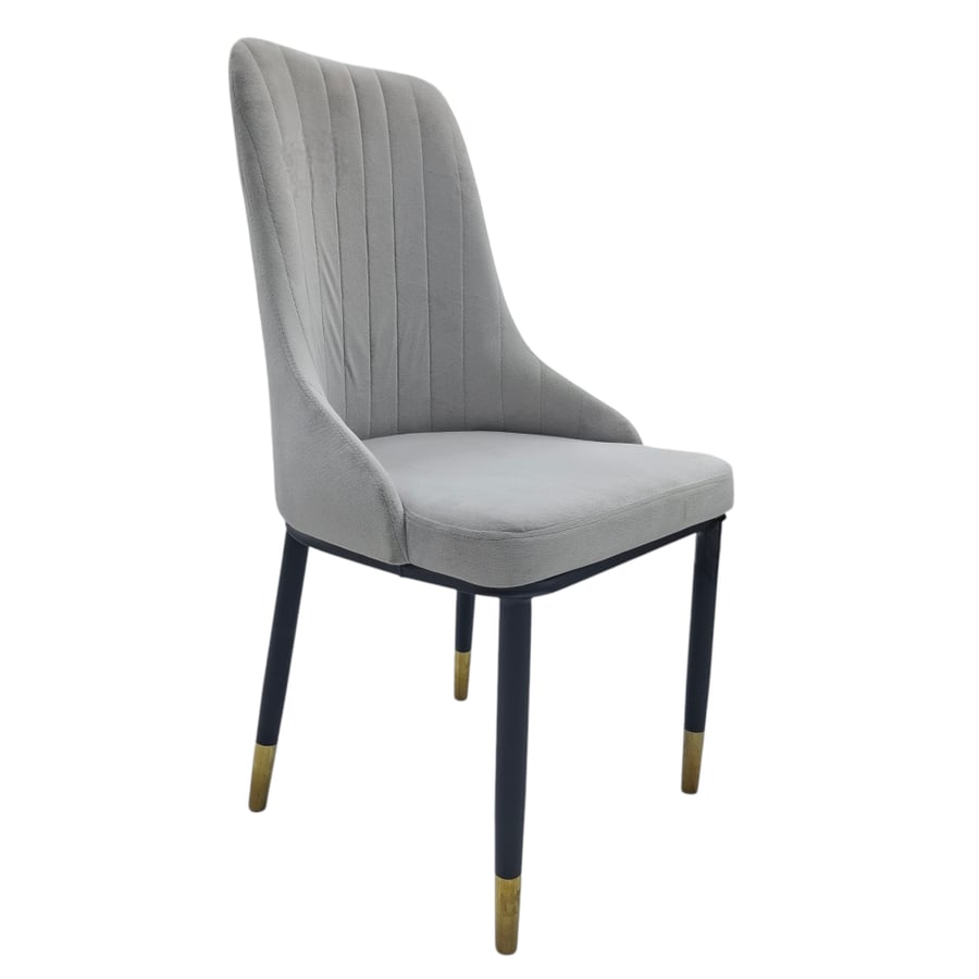 Gray velvet fabric dining chair with black iron leg base