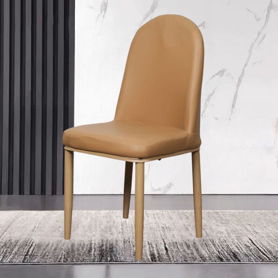 Light brown leather dining chair with wooden-colored metal leg base E-35LBROWN