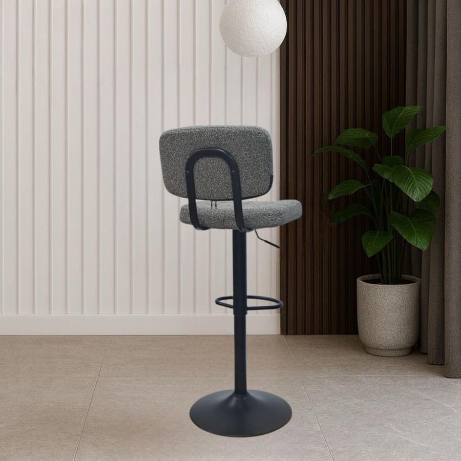 Gray fabric bar stool and black hydraulic base