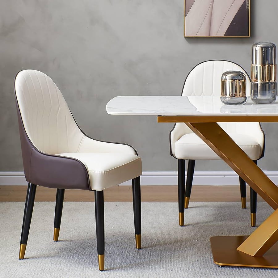Leather dining chair two colors white with brown with base legs iron black M630W-BROWN